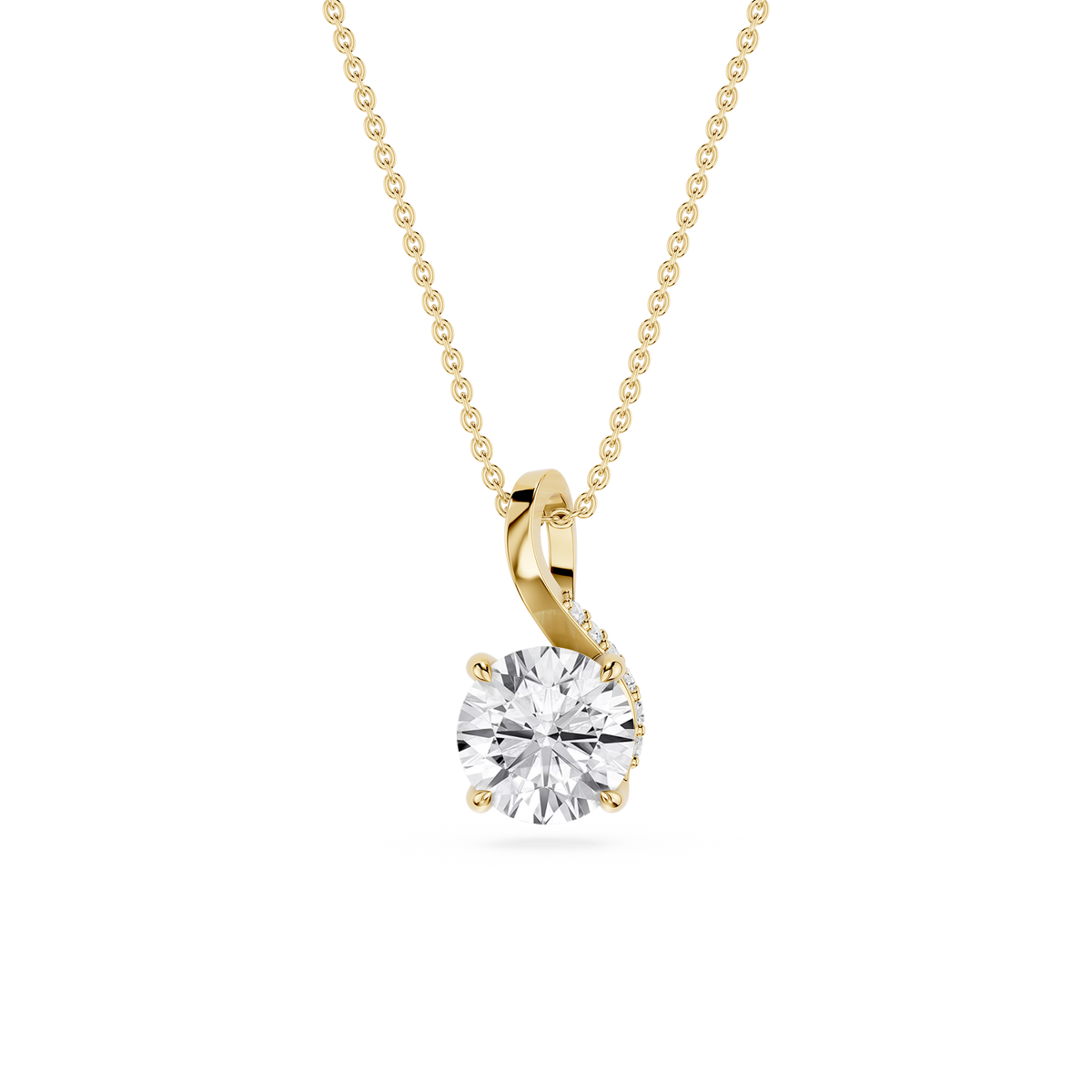 Gold necklace with a diamond pendant on a white background
