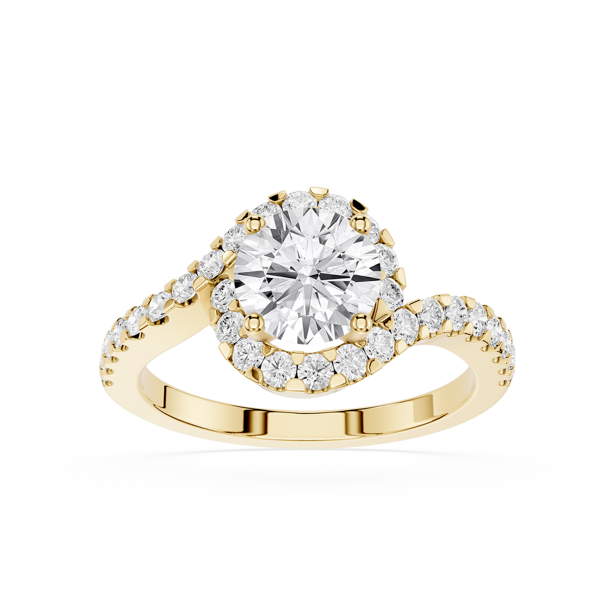 14KT yellow gold round-cut halo diamond ring for a woman in a unique design.