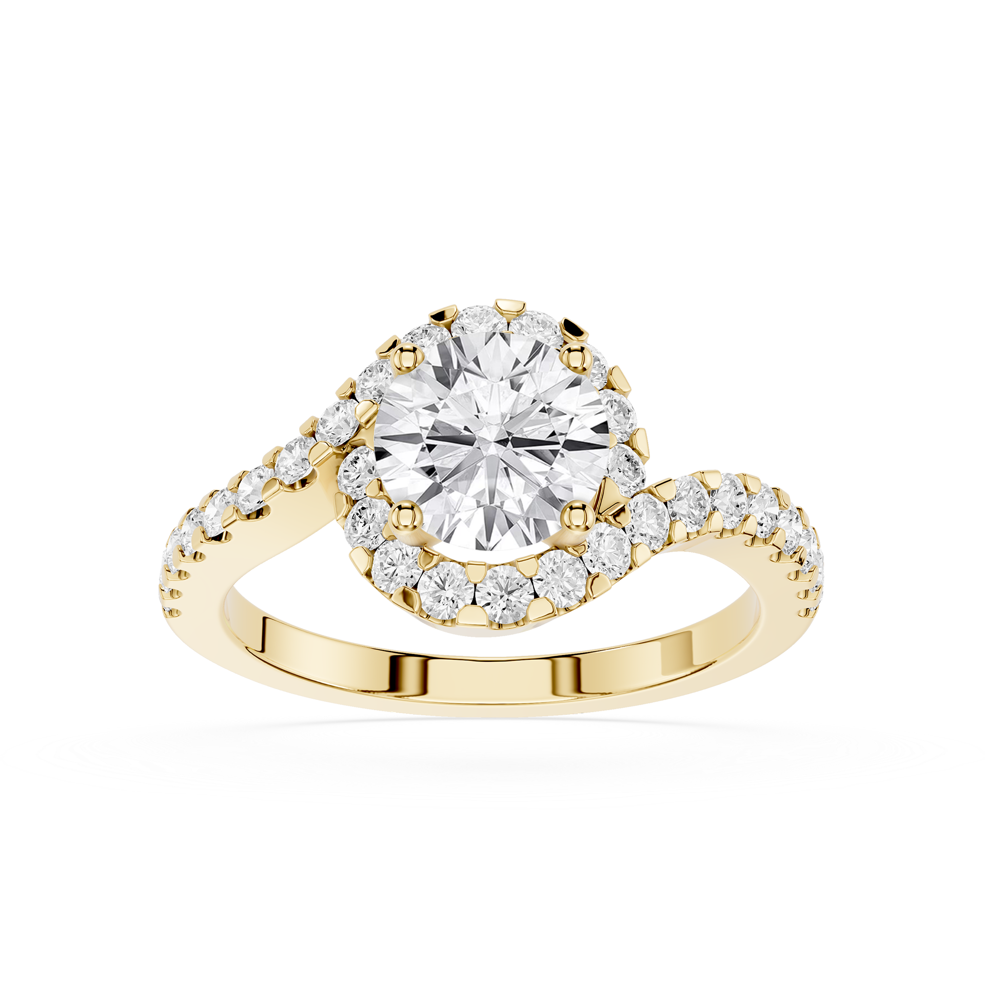 Gold ring with a large diamond and smaller diamonds on a white background