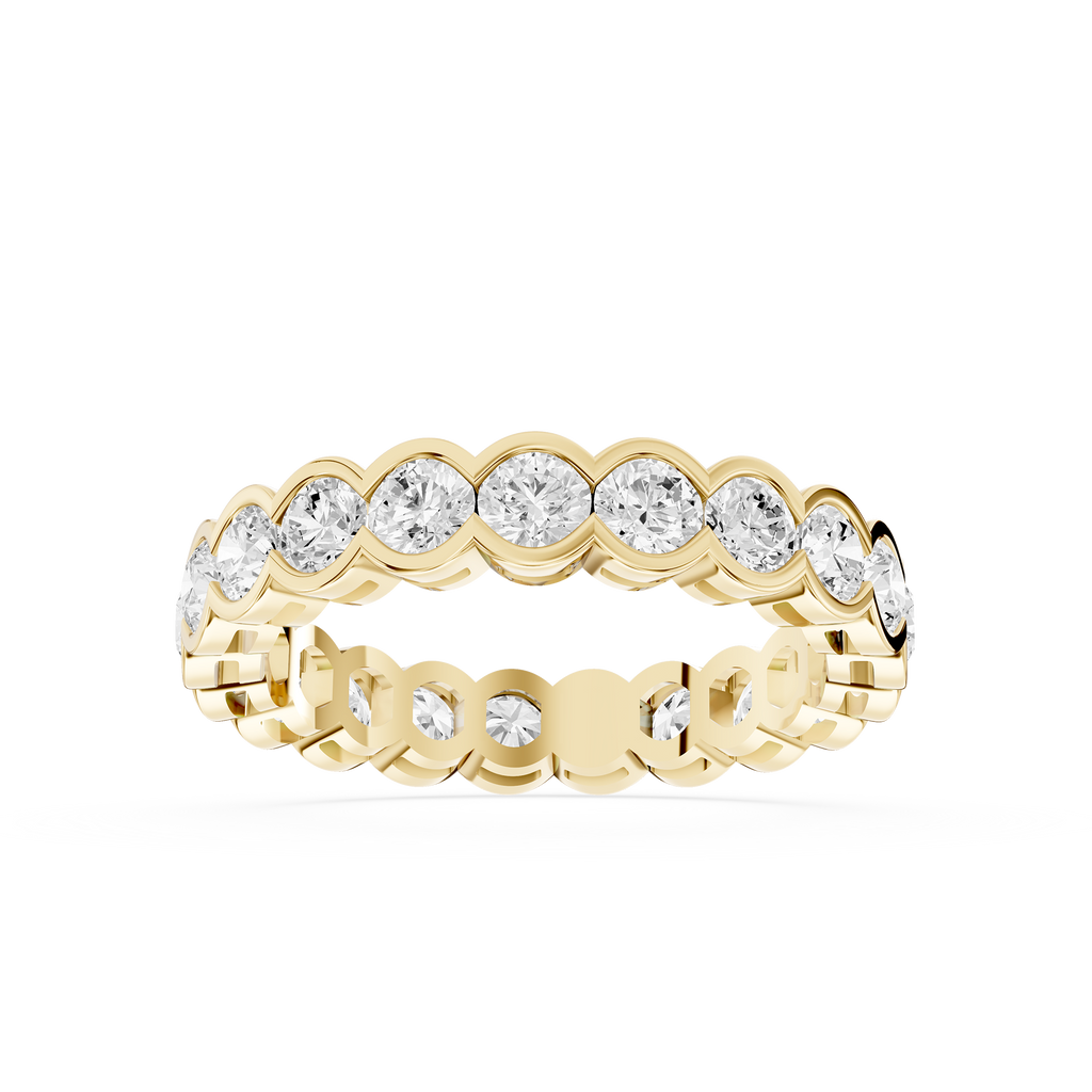 Yellow gold round cut lab grown diamond eternity wedding band featuring individual scalloped bezel settings