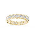 Yellow gold round cut lab grown diamond eternity wedding band featuring individual scalloped bezel settings