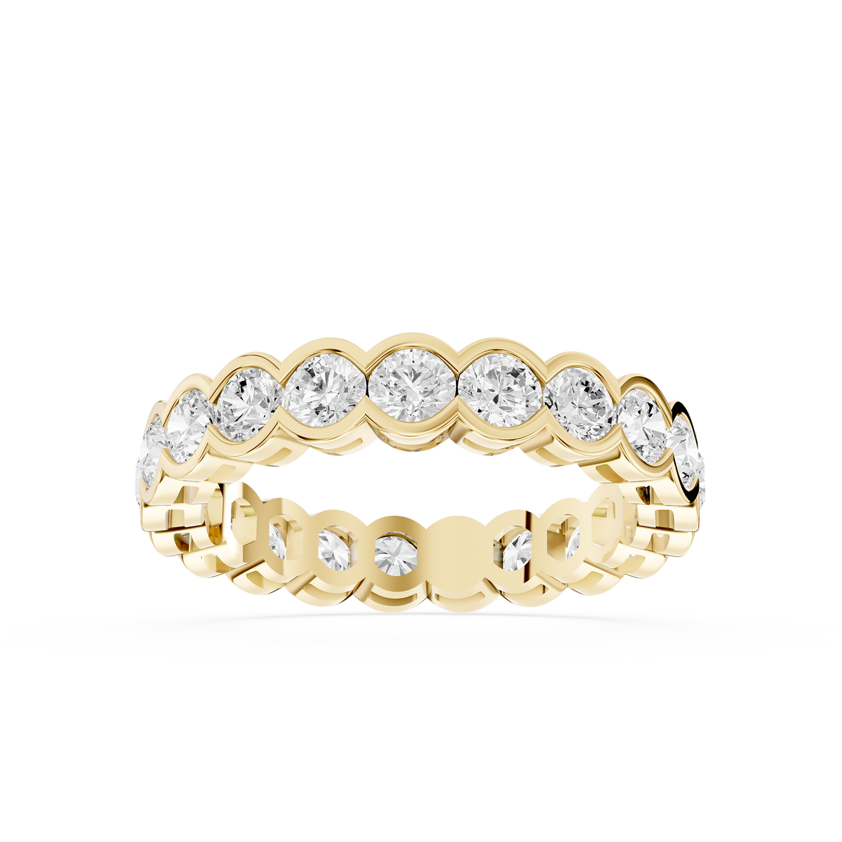 Yellow gold round cut lab grown diamond eternity wedding band featuring individual scalloped bezel settings
