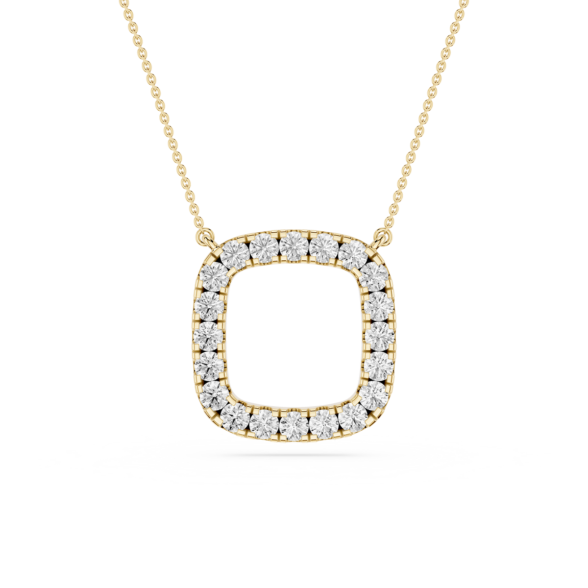 Gold necklace with a square diamond pendant on a white background