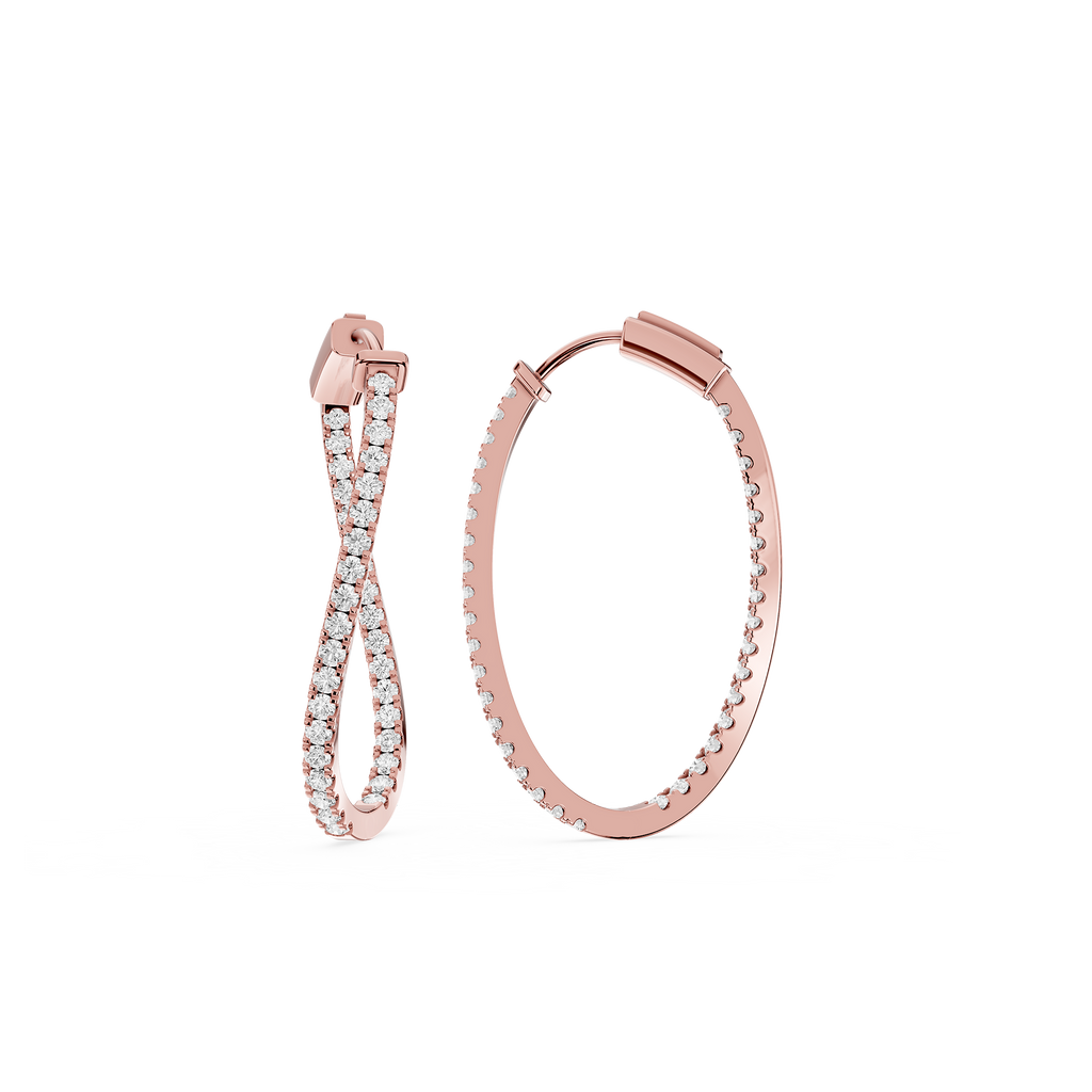 Rose gold hoop earrings with clear gemstones on a white background