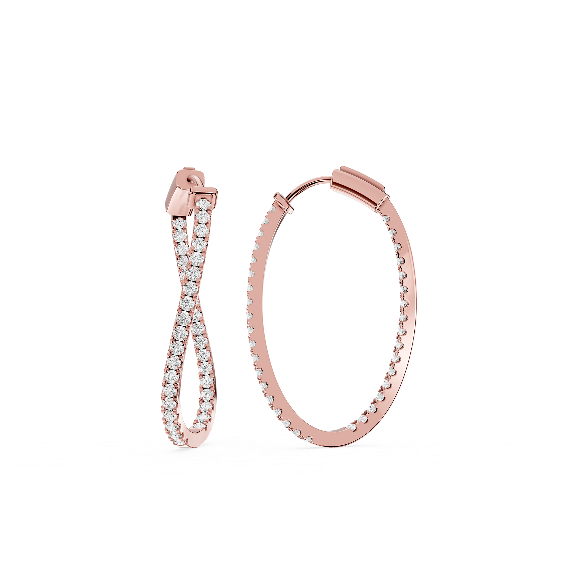 Rose gold hoop earrings with clear gemstones on a white background