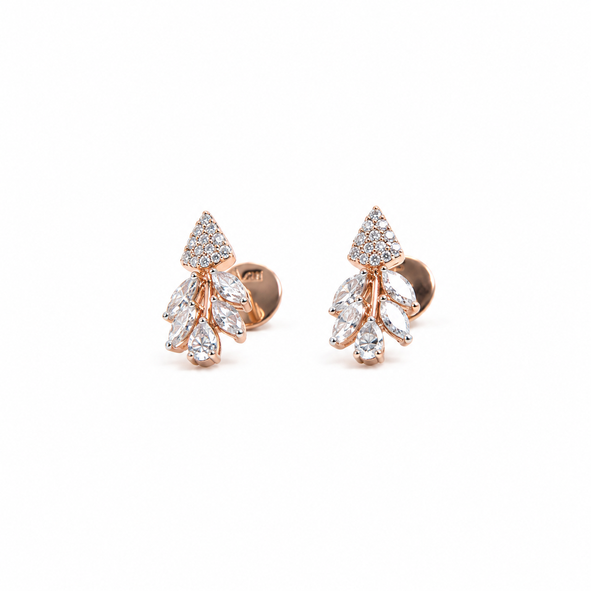 Five marquise shaped diamonds form a branching leaf pattern beneath the diamond studded tops of these rose gold earrings
