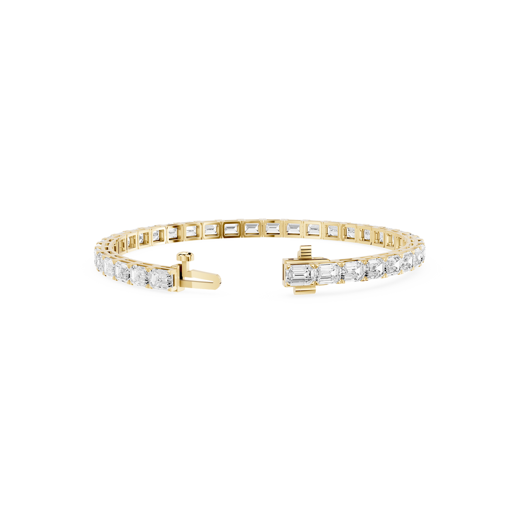 Open view of emerald cut lab grown diamond bracelet in yellow gold