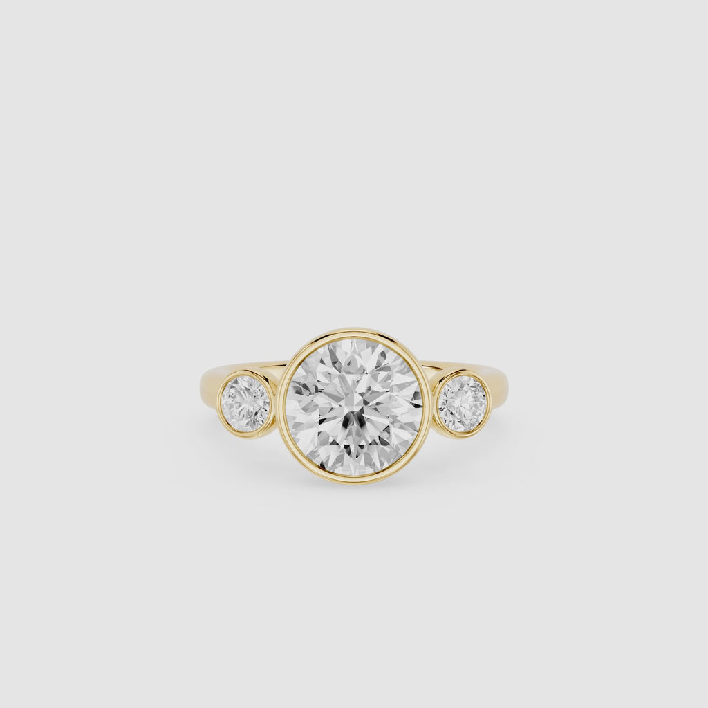 Round Bezel Three Stone Lab Grown Diamond Engagement Ring