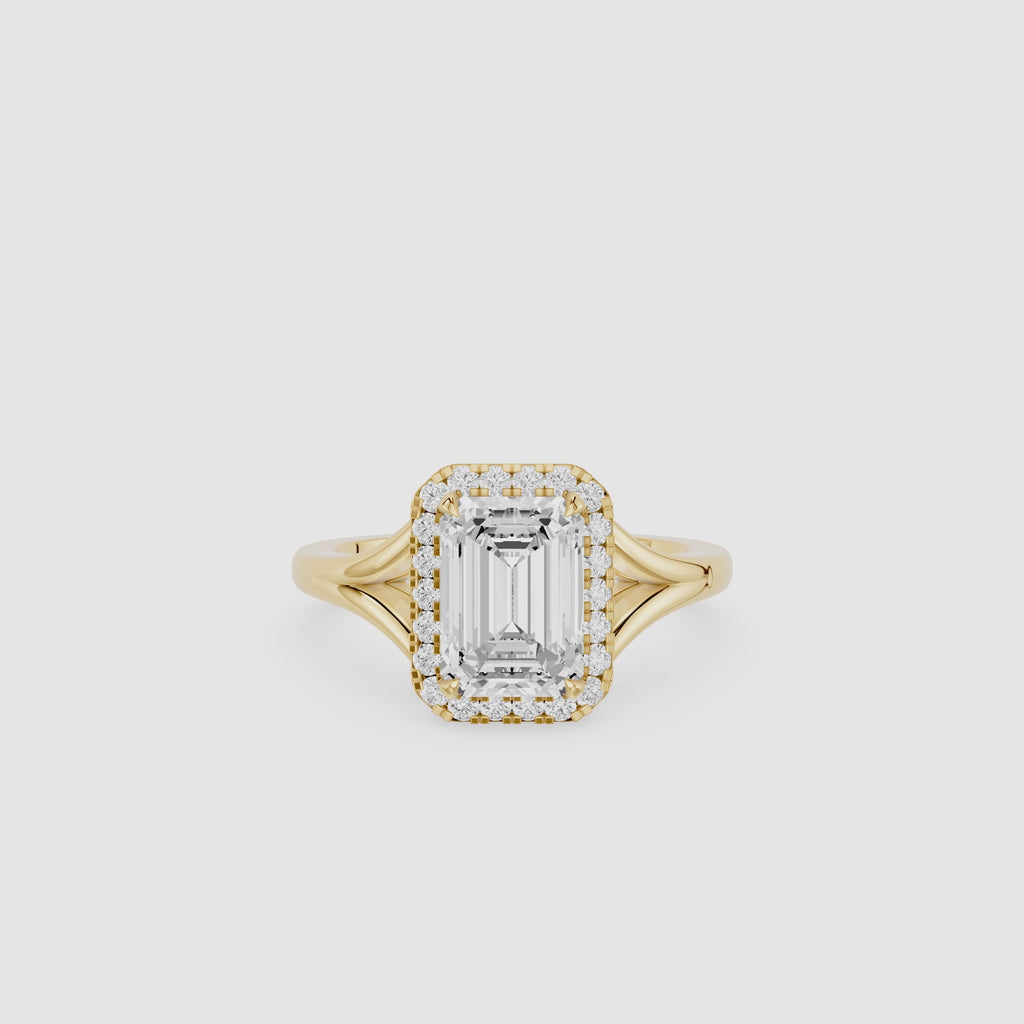Emerald Cut Lab Grown Diamond Halo Split Shank Ring