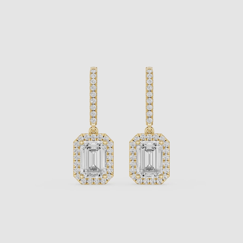 Emerald Halo Diamond Drop Earrings with Lab Grown Diamonds
