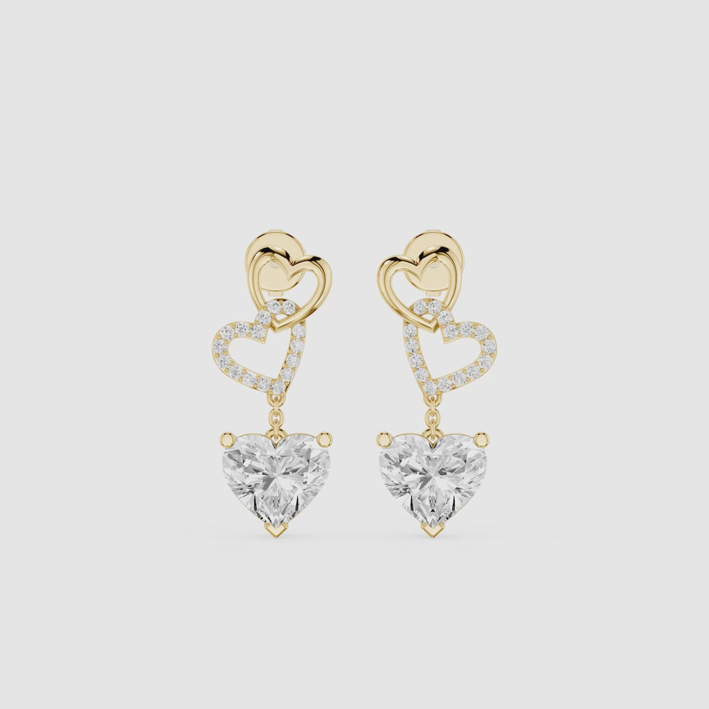 Interlocked Heart Diamond Drop Earrings with Heart Cut Lab Diamonds