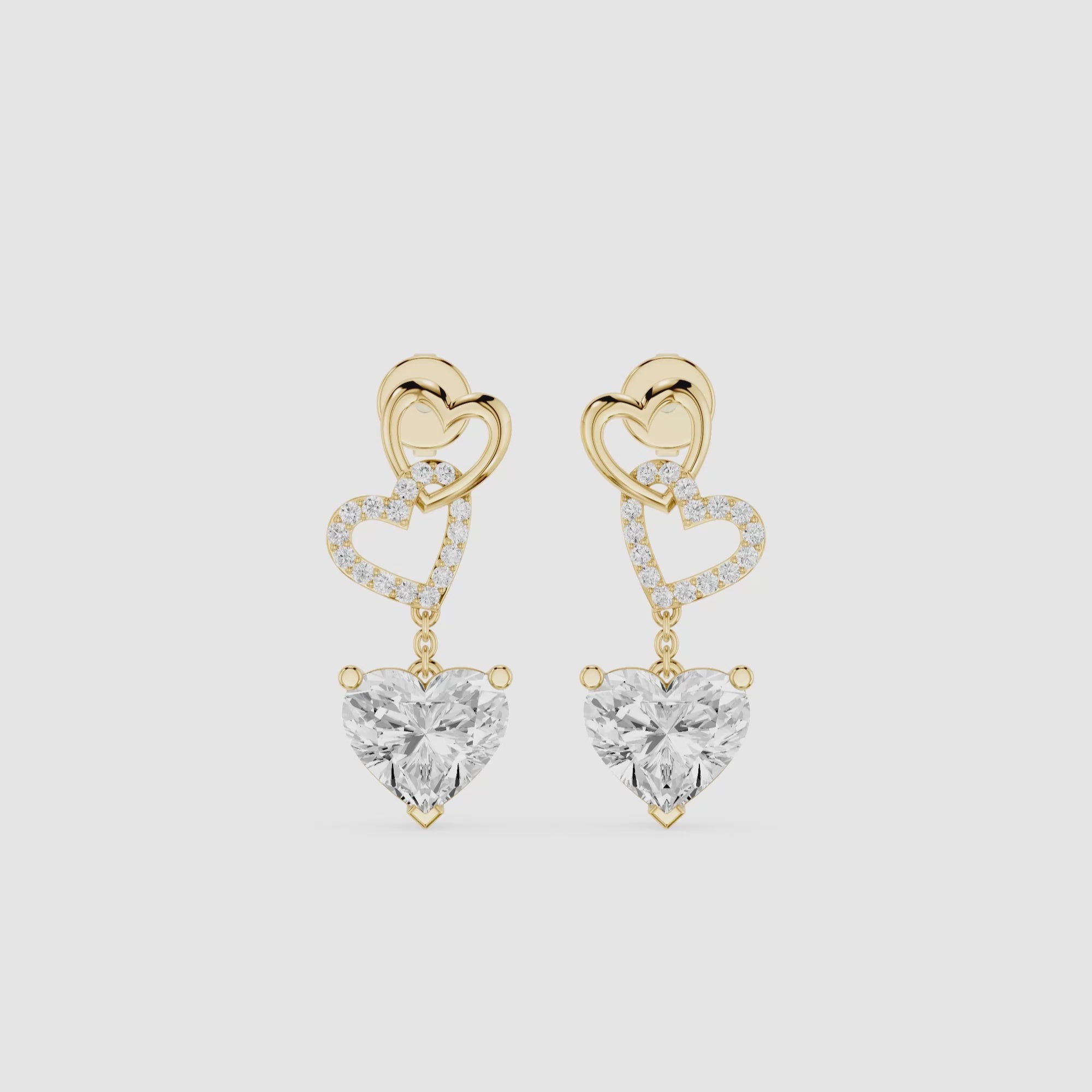 Interlocked Heart Diamond Drop Earrings with Heart Cut Lab Diamonds