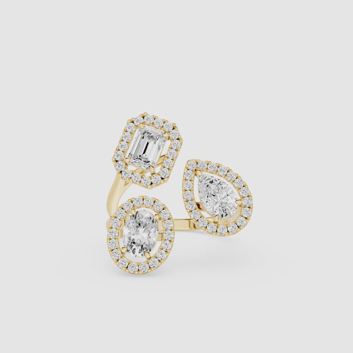 3 Stone Multi Shape Lab Diamond Halo Statement Engagement Ring