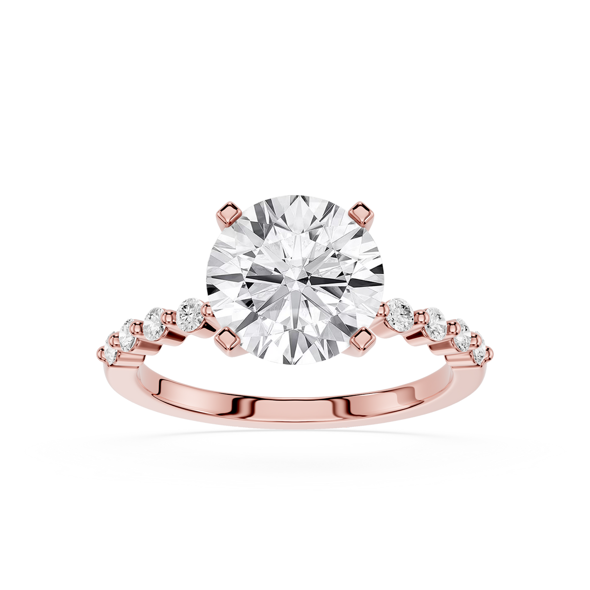 Rose Gold Round Lab Grown Diamond Solitaire Ring with Graduated Diamond Accents Along the Band