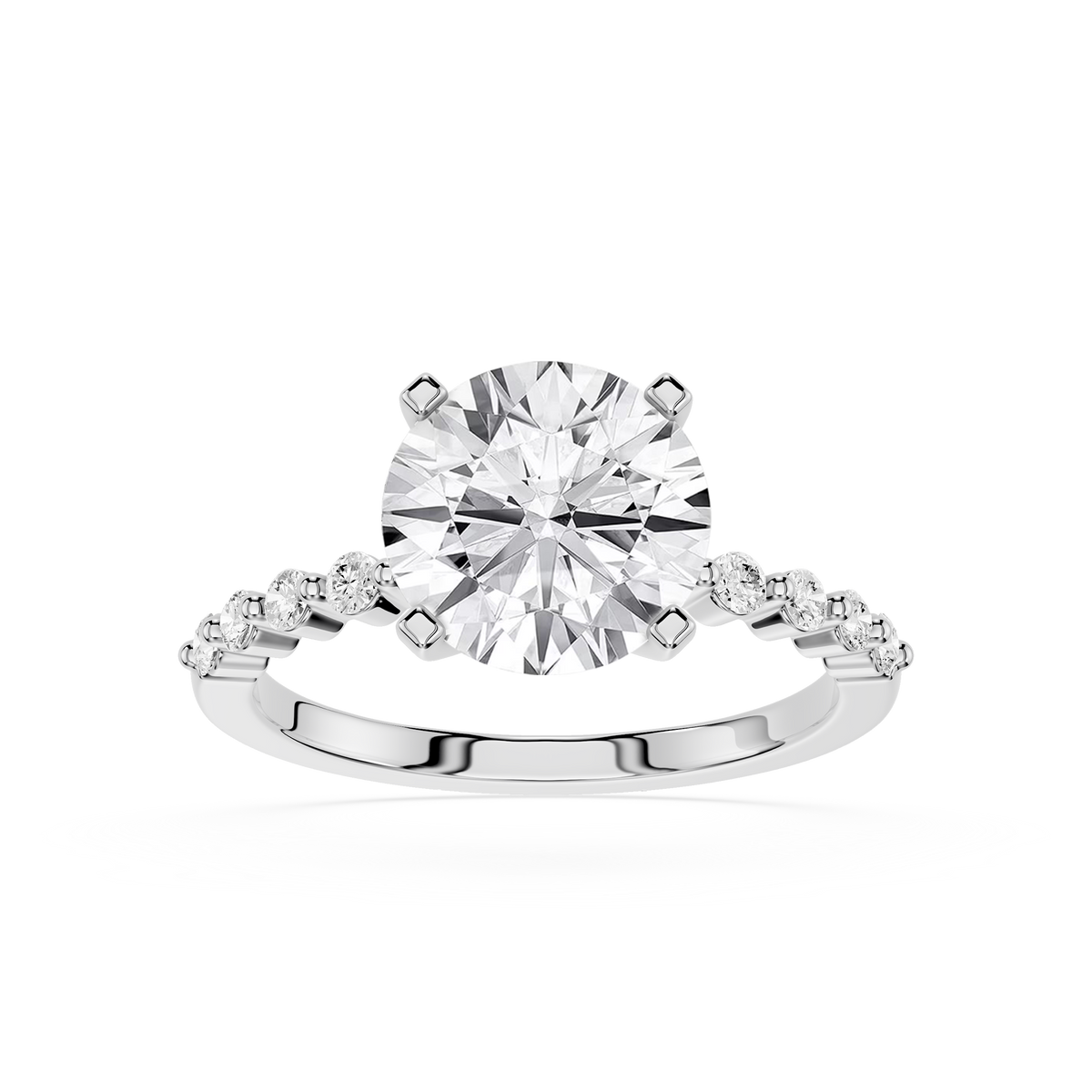 White Gold Round Lab Diamond Engagement Ring with Shared Prong Accent Diamonds and Polished Shank, front view